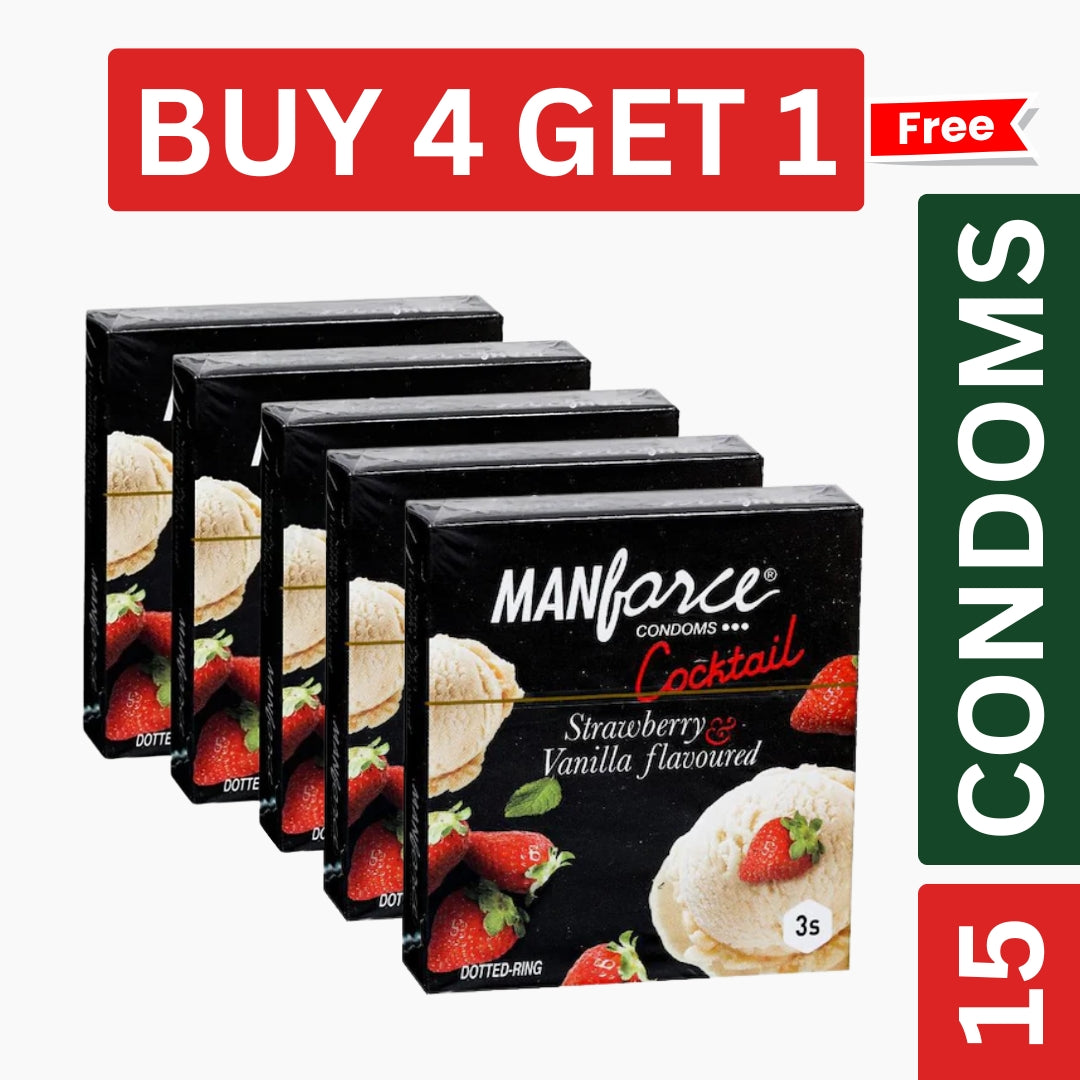 Manforce Cocktail Strawberry & Vanilla Flavoured Condoms (Pack of 3) – Dotted Ring | Buy 4 Get 1 Free | Combo of 5 Packs (15 Condoms Total)