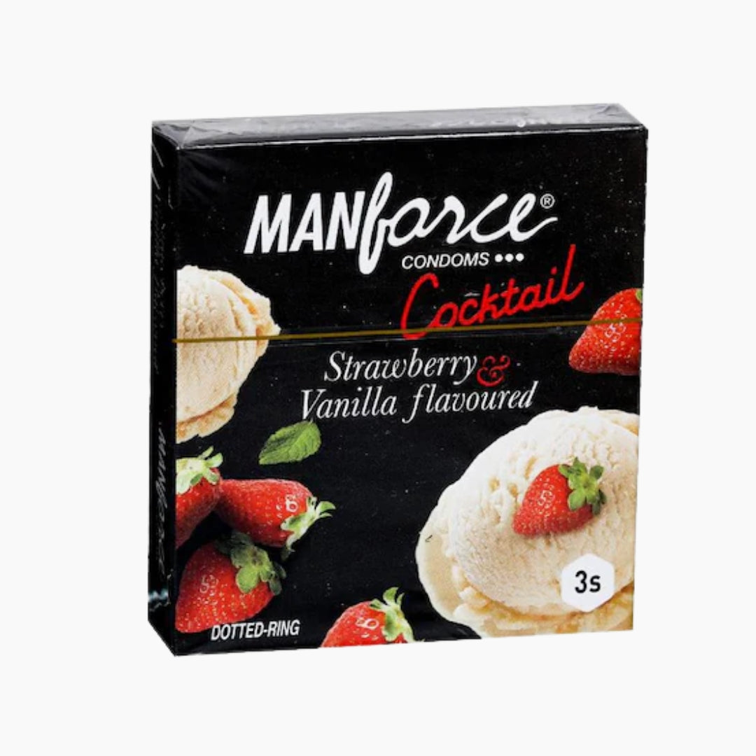 Manforce Cocktail Strawberry & Vanilla Flavoured Condoms (Pack of 3) – Dotted Ring | Buy 4 Get 1 Free | Combo of 5 Packs (15 Condoms Total)